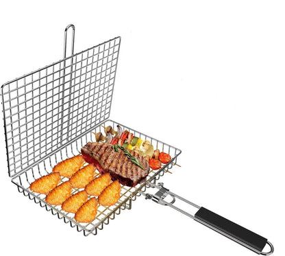 PureQ "Braai Basket"  Stainless Grill Flipper W' Wooden Handle